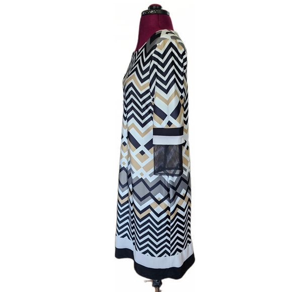 Karin Stevens Black White Tan Chevron Zig Zsg Sheath Dress Long Sleeve - Picture 4 of 13